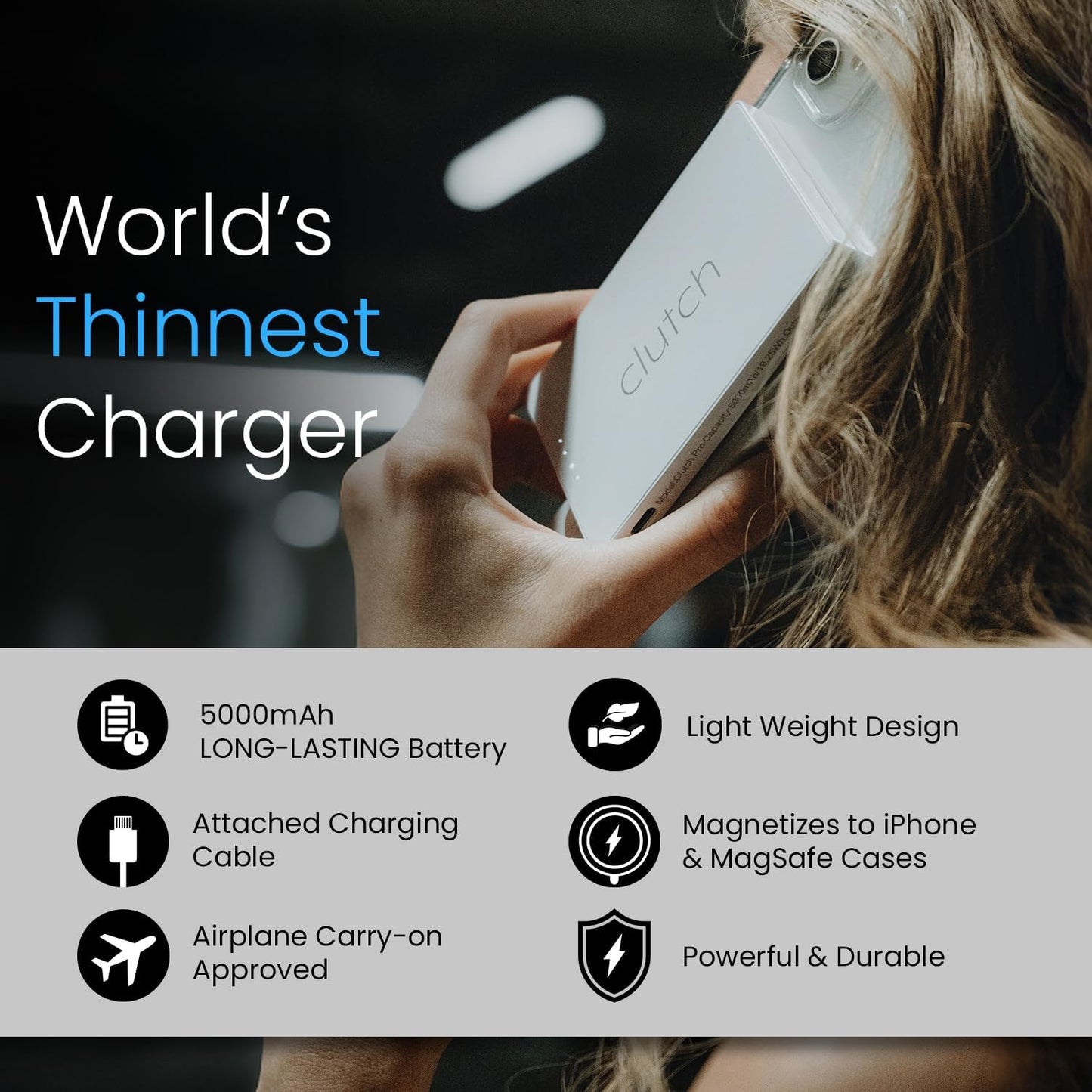 Clutch Pro – World's Thinnest iPhone Charger – Portable Power Bank 5000mAh – Magnetic Built-in Lightning Cable – TSA Approved Travel Charger – iPhone 14 & Earlier – White