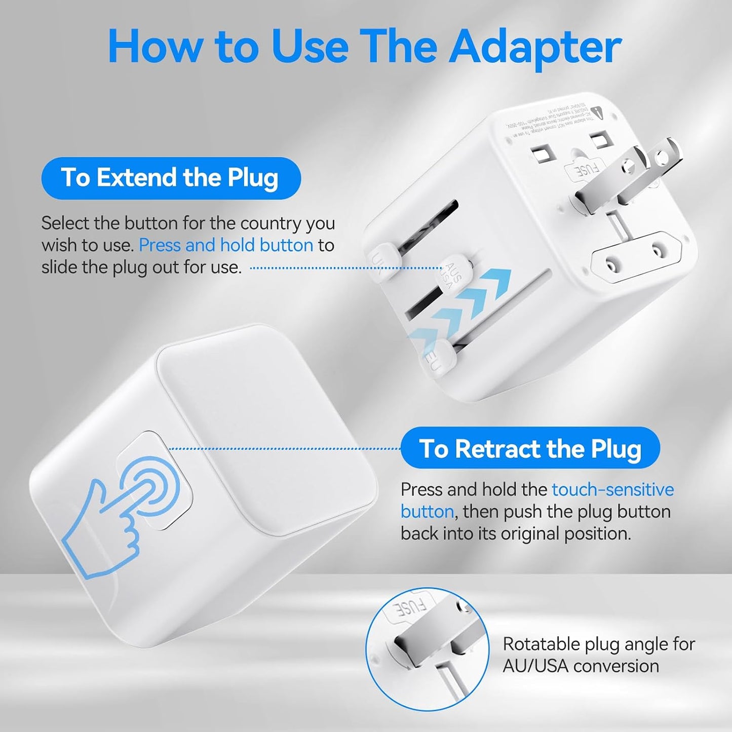 Universal Travel Adapter, PD 30W European Travel Plug Adapter with 2 USB-C & 1 USB-A Ports, International Power Adapter Fast Charging with 70in Power Cord for USA EU UK AUS