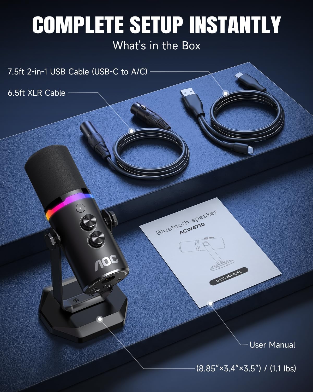 AOC USB/XLR Dynamic Microphone for PC Gaming, Podcast & Recording, Dual-Mode RGB Mic& Streaming Vocal Gear with Heavy-Duty Desk Stand, Clicky Mute, 7.5ft USB & 6.5ft XLR Cables Included
