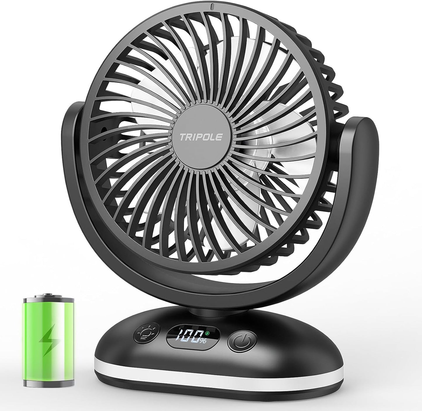 TriPole Portable Desk Fan Small Quiet, Rechargeable Mini Fan with LED Light | 31H Runtime, Digital Display, Safety Lock, 4 Speeds, Battery Operated Fan for Bedroom Sleeping Office Travel Camping Cruise