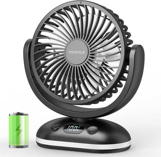 TriPole Portable Desk Fan Small Quiet, Rechargeable Mini Fan with LED Light | 31H Runtime, Digital Display, Safety Lock, 4 Speeds, Battery Operated Fan for Bedroom Sleeping Office Travel Camping Cruise