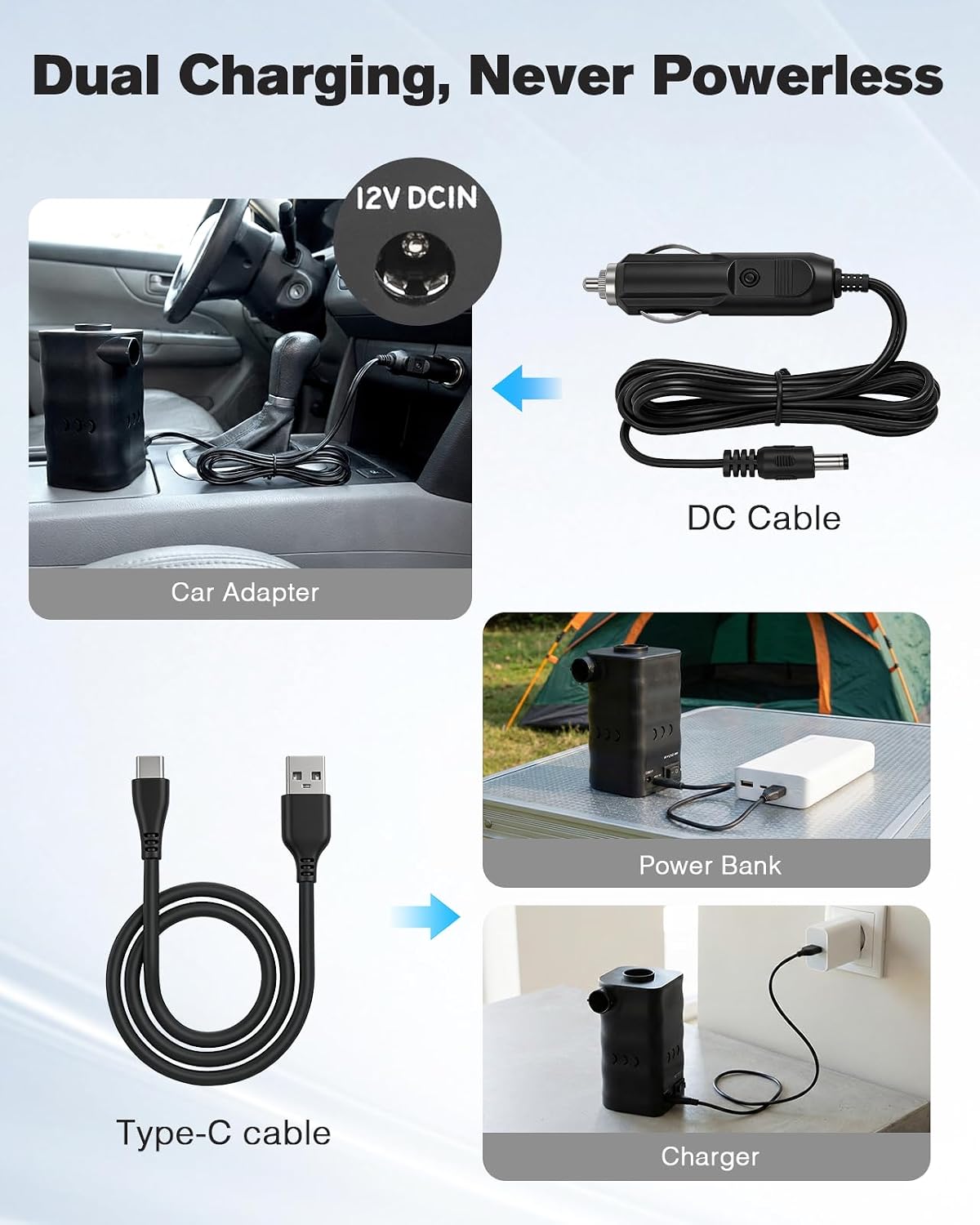 Zacro Portable Electric Air Pump with 6000mAh Battery for Quickly Inflatables and Deflation, Powered by USB/Any Standard 12V Vehicle Outlet, 3 Nozzles for Mattresses, Lounger Sofa, Pool Floats, Airbed
