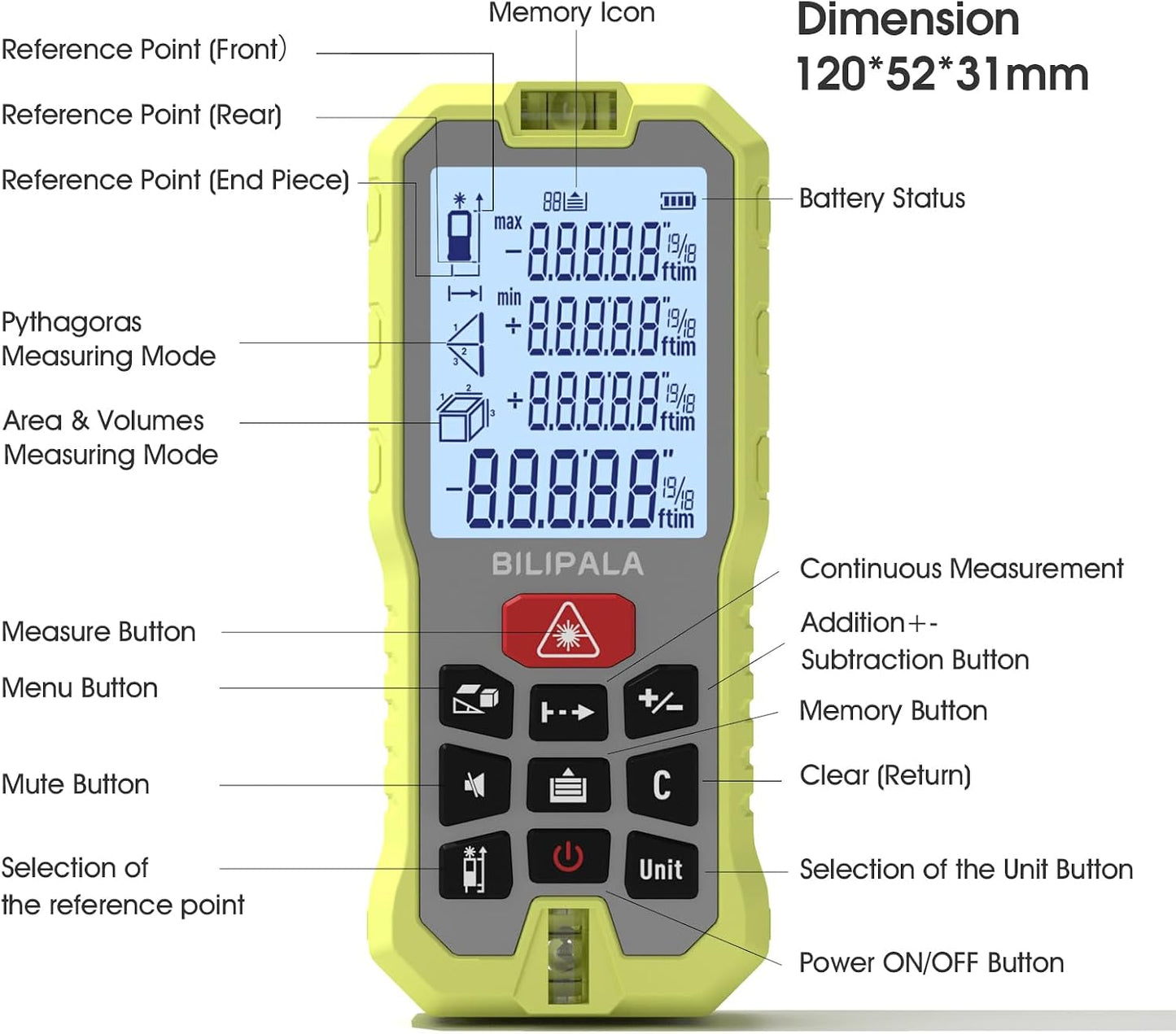 Laser Measure, 165ft Digital Laser Distance Meter with 2 Bubble Levels, 2" Backlit LCD, High Precision Laser Measuring Tool,Area Measurement,Volume and Pythagoras, Mute, Battery Included