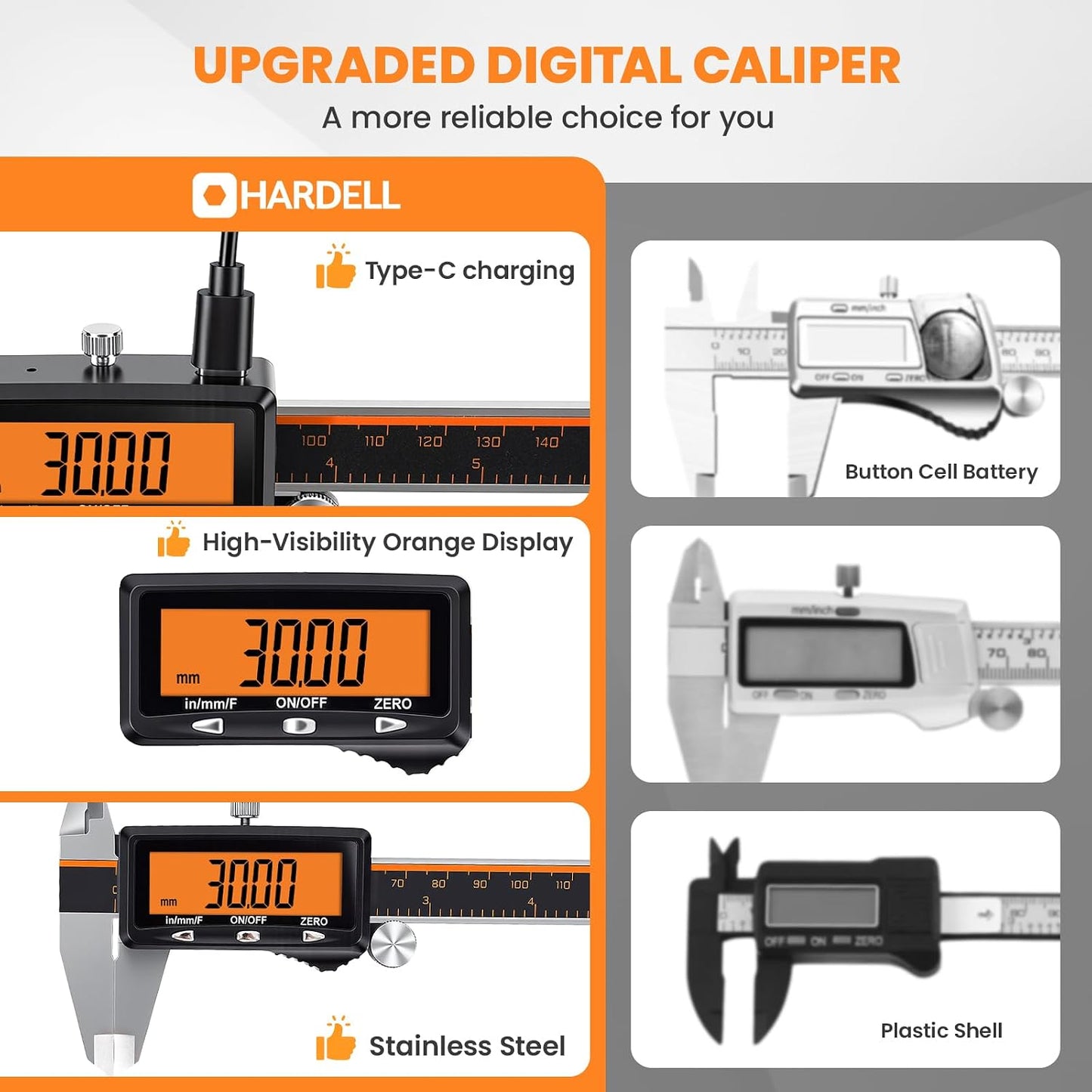 HARDELL Digital Caliper 6 Inch with Orange LCD, USB-C Calipers, Non-Backlit | Easy-read Orange LCD, Stainless Steel & USB-C Micrometer, Inch/mm/Fraction, Auto-Off. For DIY, 3D Printing, Hobbies