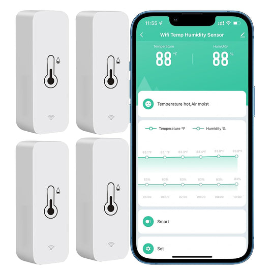 Tuya Smart Wireless Battery Powered Humidity and Temperature Sensor, Free Data Storage Export, Long-Lasting for Home/Basement/Baby Room, Alexa Compatible, Real-Time Alerts via App (4 Pack)