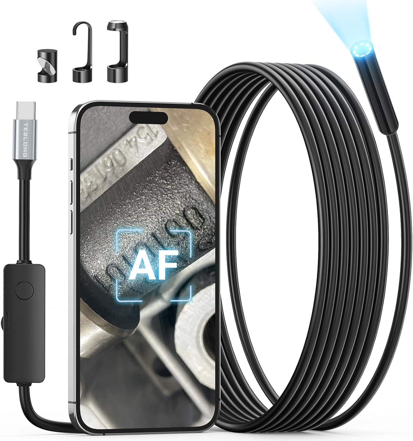Teslong 2.0MP USB-C Auto Focus Borescope for Plumbing & Wall Inspections | 16.5FT Flexible Endoscope with 8 LED Lights - Inspection Camera for Auto, HVAC for iPhone 15+ & Android