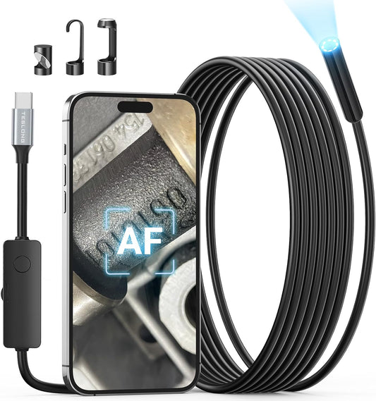 Teslong 2.0MP USB-C Auto Focus Borescope for Plumbing & Wall Inspections | 16.5FT Flexible Endoscope with 8 LED Lights - Inspection Camera for Auto, HVAC for iPhone 15+ & Android