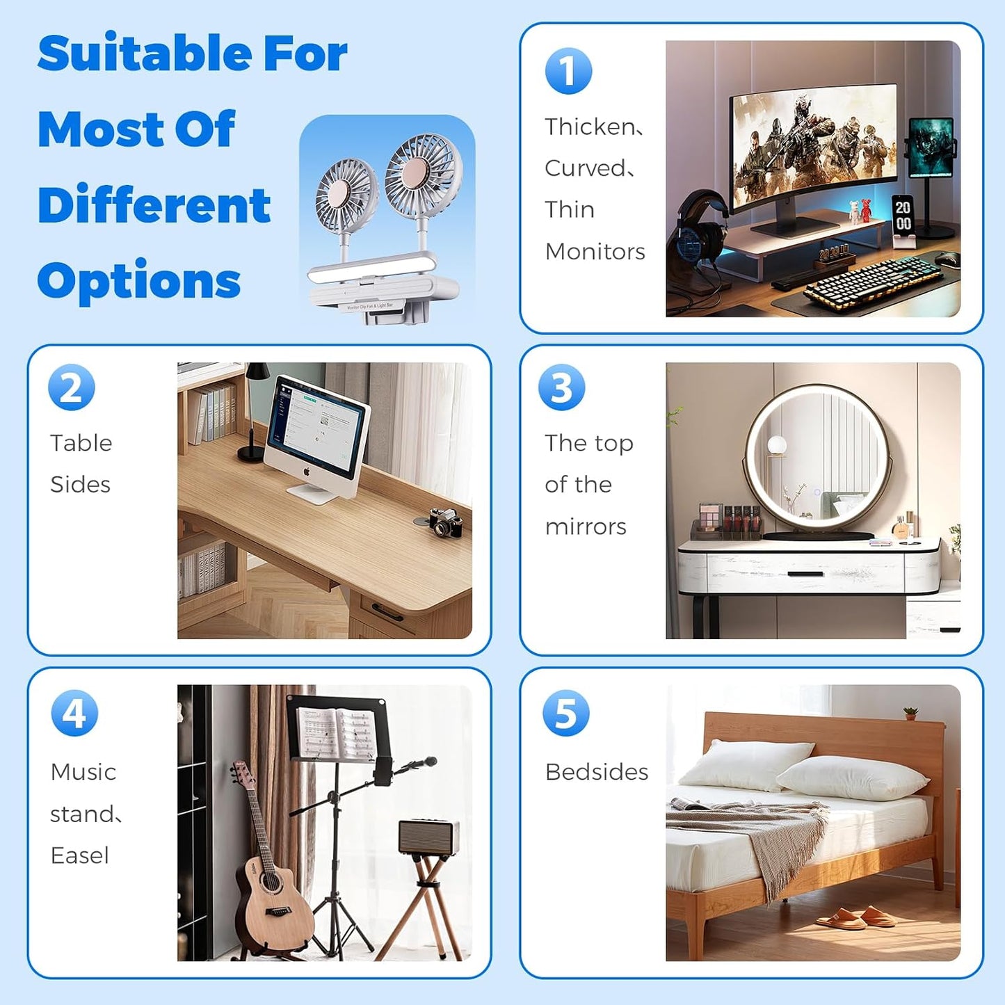 Clip Fan USB-Powered Cooling Fan with LED Light Bar Glacier Silver | Space-Saving Personal fan for Monitor/Laptop/Flat/Bedside/Bookshelf/Music Stand/Reading Stand