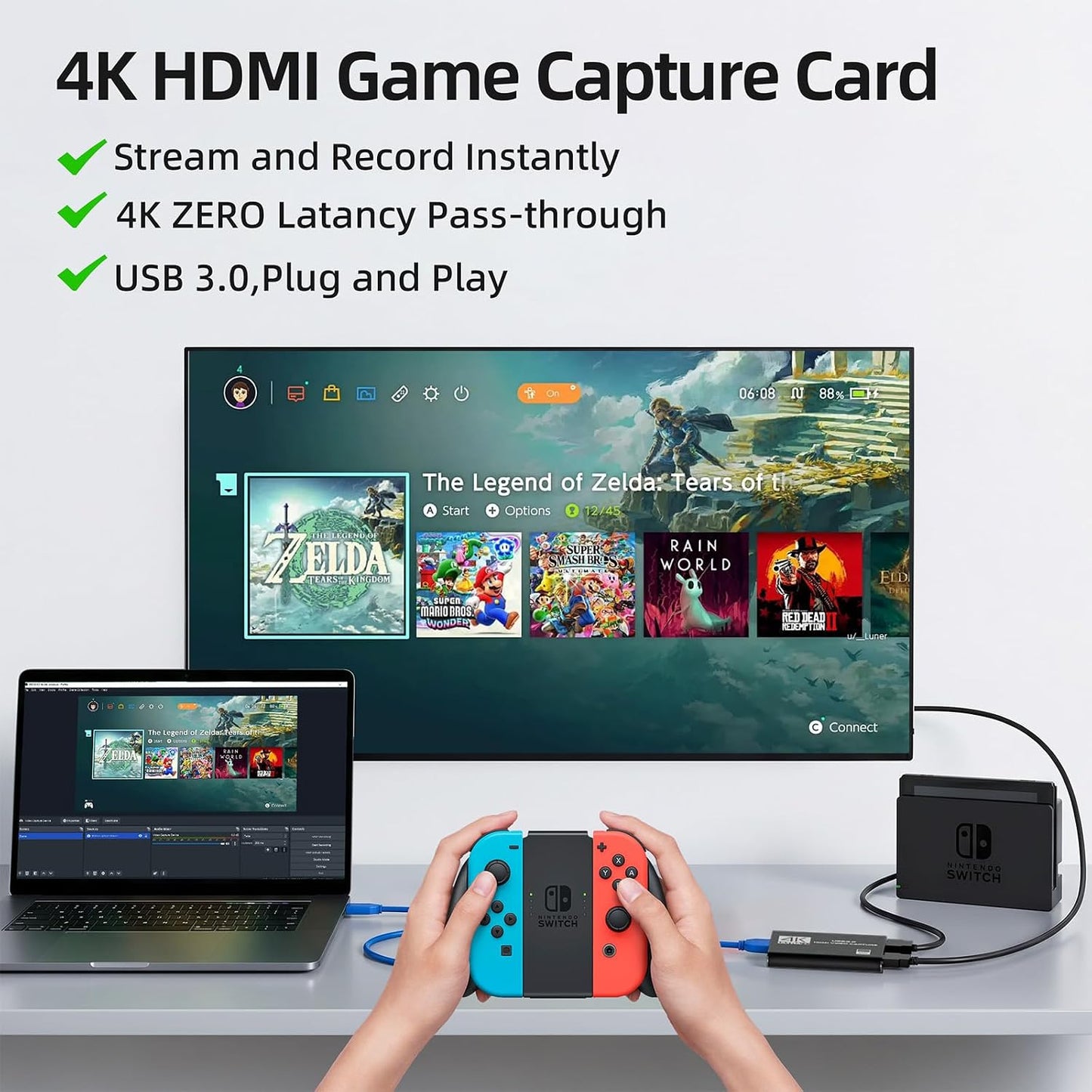 4K HDMI Capture Card for Streaming, Full HD 1080P 60FPS USB 3.0 Cam Link Game Audio Video Capture Card, Work with Camera/Nintendo Switch/Xbox/PS4/PS5/PC/OBS (Black)