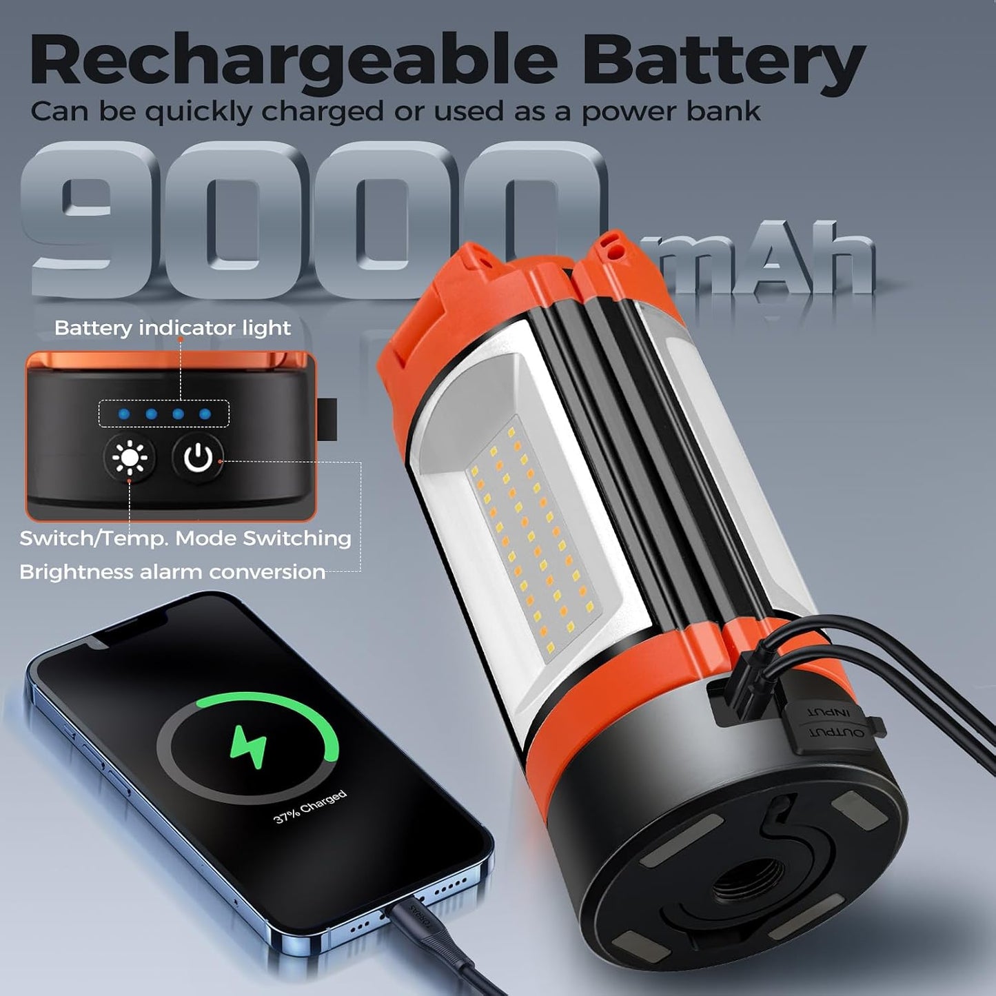 Rechargeable 12000mAh Camping Light with Adjustable Stand | Cordless Work Light with 3 LED Lamp Heads, 2200 Lumens Dimmable Magnetic Emergency Flashlight with Detachable Tripod, Orange