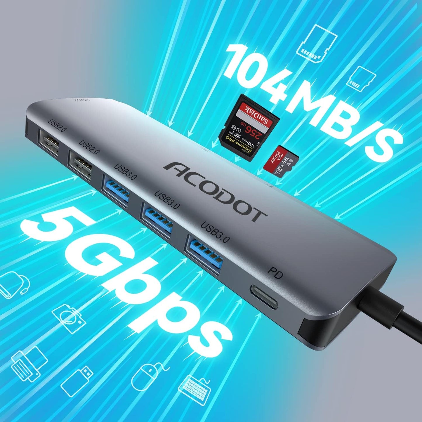 USB C Hub Docking Station, 9-in-1 Multi-Port USB Adapter, 4K@60Hz HDMI, 100W Max PD, 3 USB3.0(5Gbps) + 2 USB2.0 Data Ports, SD/TF Card Reader for MacBook, iPad Pro, Dell, HP, Lenovo, Windows Laptop