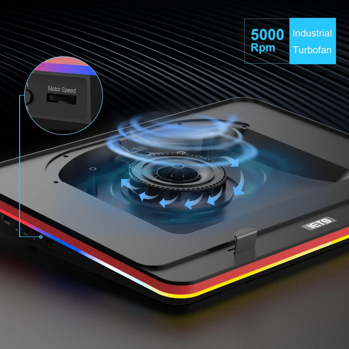 IETS GT500 Powerful Turbo-Fan (5000 RPM) RGB Laptop Cooling Pad with Infinitely Variable Speed,Seal Foam for Rapid Cooling Gaming Laptop,Dust Filter for Protect Laptop,13-17.3inch Laptop Cooler