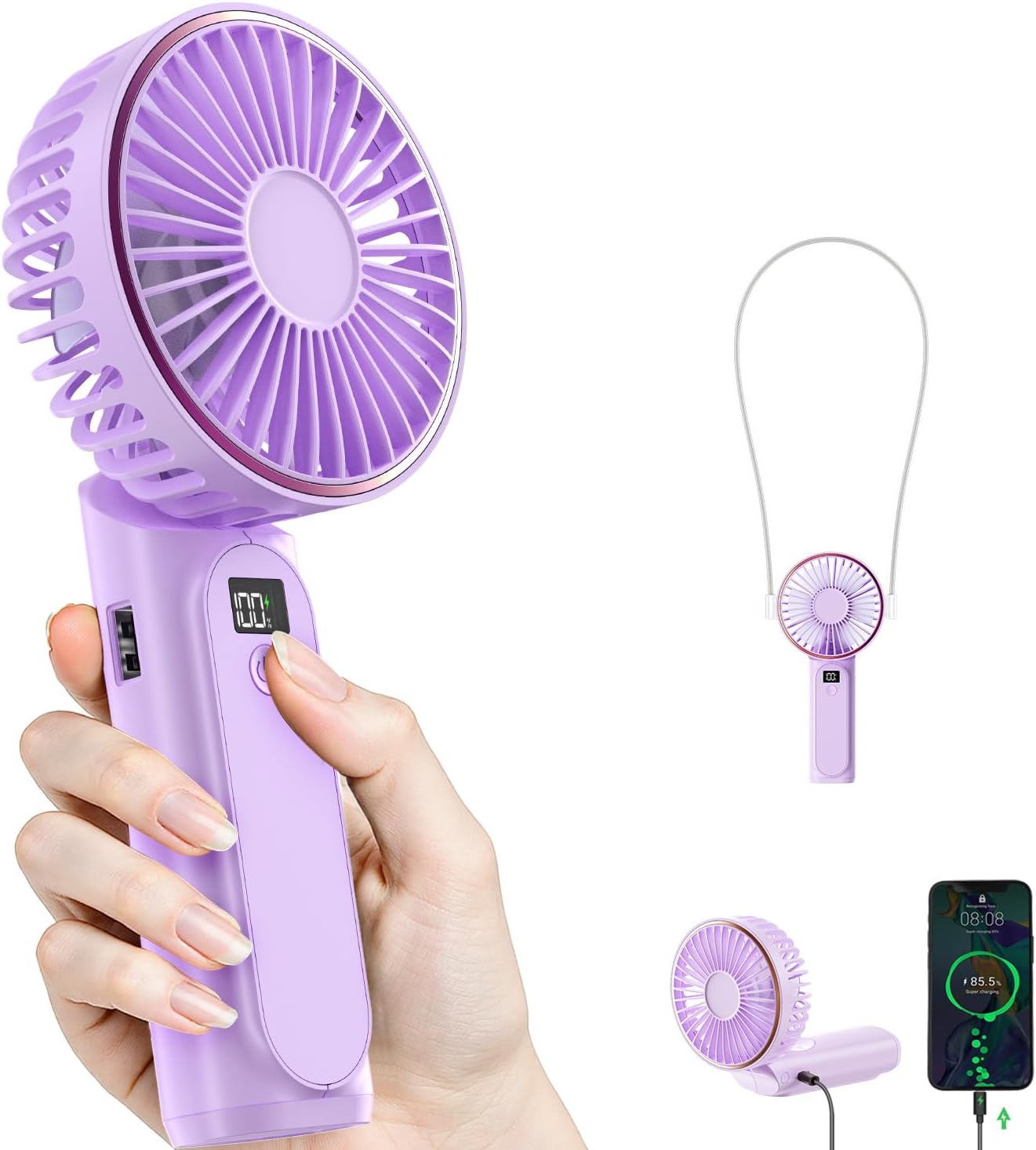 TUNISE Portable Handheld Fan, 4000mAh, 180 Adjustable, 6 Speed Wind, USB Rechargeable Foldable Fan with Real-Time Electricity Display