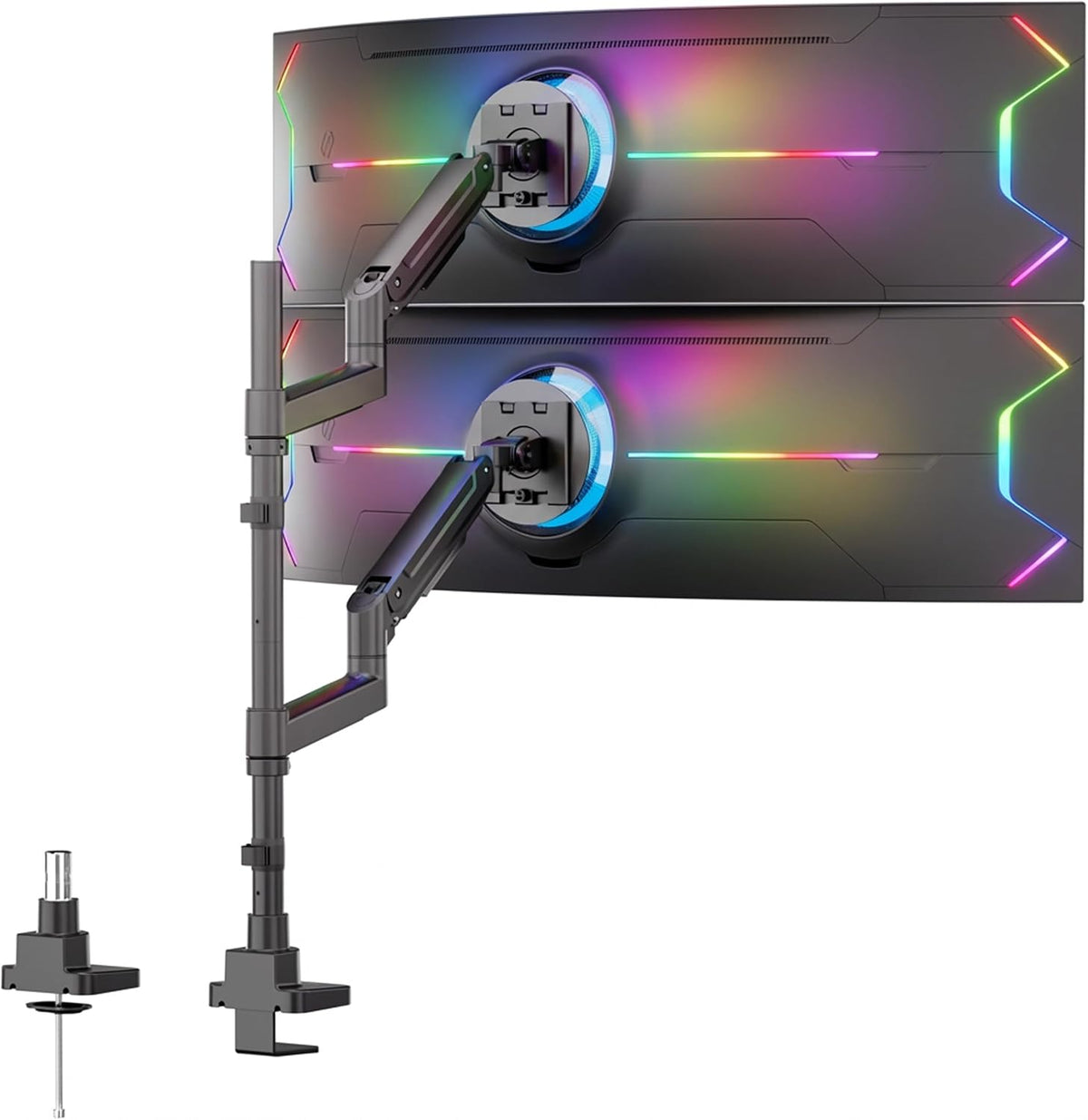 Mount-It! Dual Ultrawide Monitor Desk Mount for 17–49” Screens, Height-Adjustable Stacking Arms with Pole, Heavy Duty Gas Spring, Full Motion, VESA 75/100, Clamp or Grommet