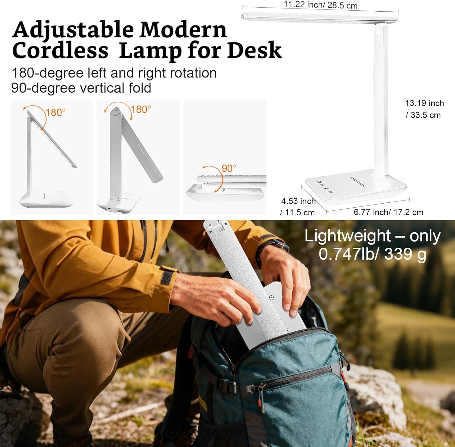 LED Portable Bright Rechargeable Desk Lamp, 4000mah Dimmable Touch Battery Operated Eye-friendly Desk Light With Charger, Adjustable Modern Cordless Table Lamps For Office Home Nail Craft Puzzle White