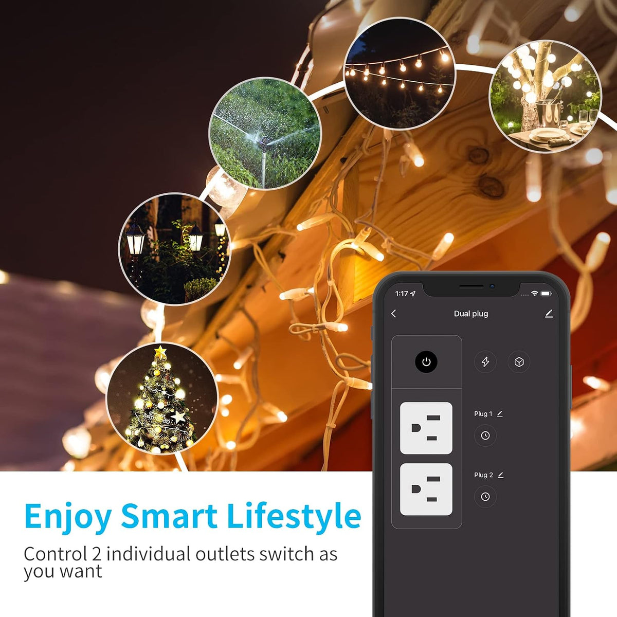 Electric Smart Outdoor Plug, Waterproof Outlet with 2 Sockets, Compatible with Alexa and Google Home, 2.4 GHZ Wi-Fi Only, App Control, Voice Control, Timer, Black
