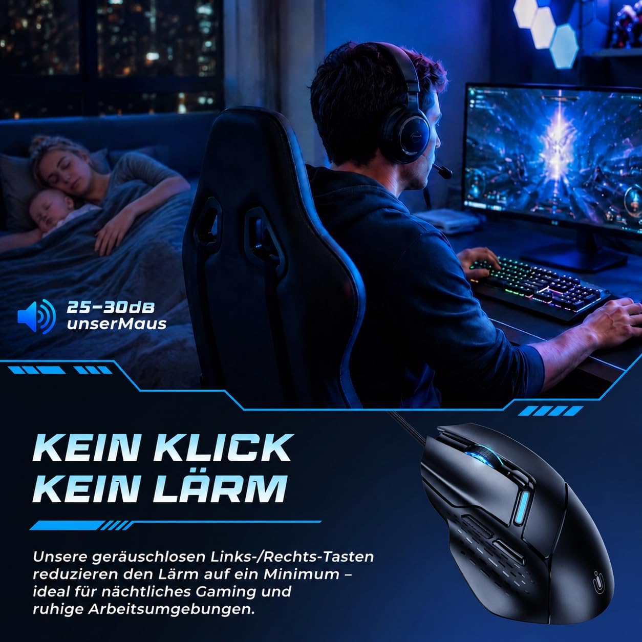 Uineer Wired Gaming Mouse, 7200 DPI, 6 Programmable Buttons, RGB Lighting | 6 programmable buttons, adjustable 7200 DPI, RGB lighting and quiet clicks for work or gaming