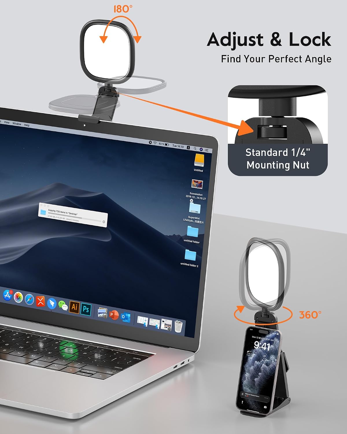 LitONES Webcam Ring Light for Laptop, Monitor & Desk - Screen-Safe Clip | Eye-Caring Diffused LED Light with Adjustable Monitor Mount, CRI 97.8+, 50 Lighting Modes for Zoom, Video Calls & Streaming