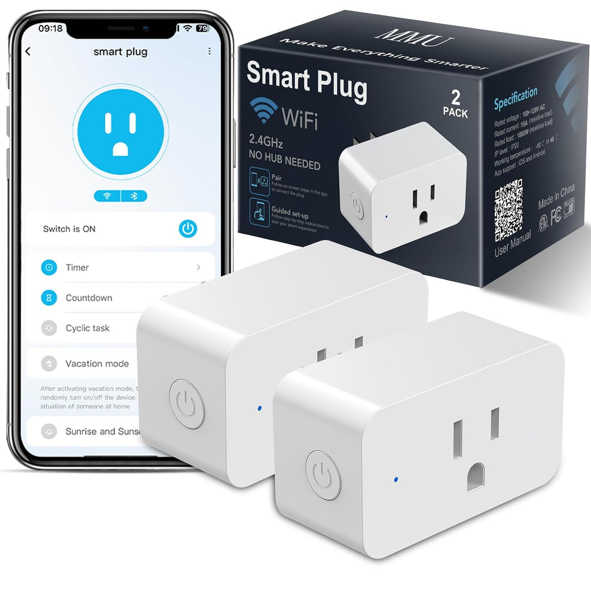 2 Pack Smart Plug, Compatible with Alexa&Google Home, WiFi Timer Socket