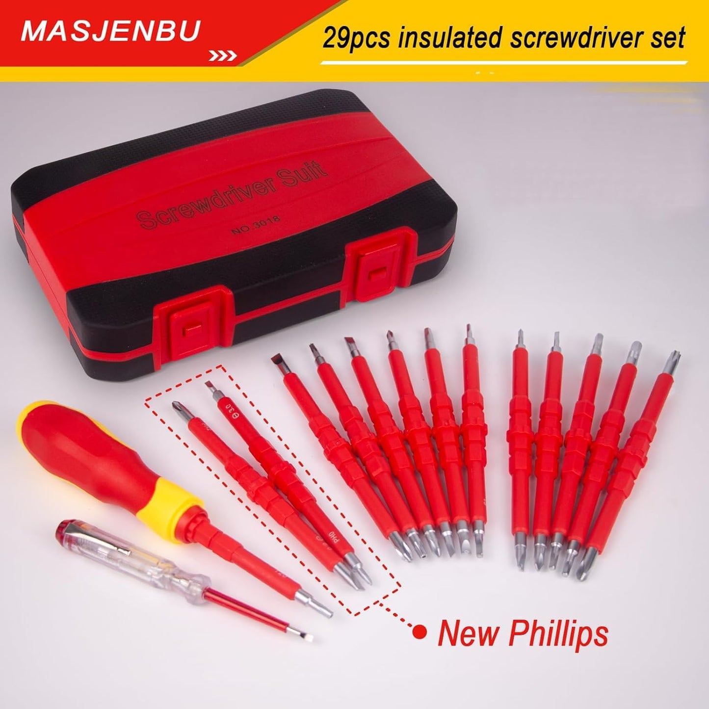 1000V Insulated Electrician Screwdriver Set, 29-pieces Screw Driver Set Kit, CR-V Magnetic Screwdriver Tool Set, Professional Electrician Tools Phillips Slotted Torx Hex Square with Voltage Tester