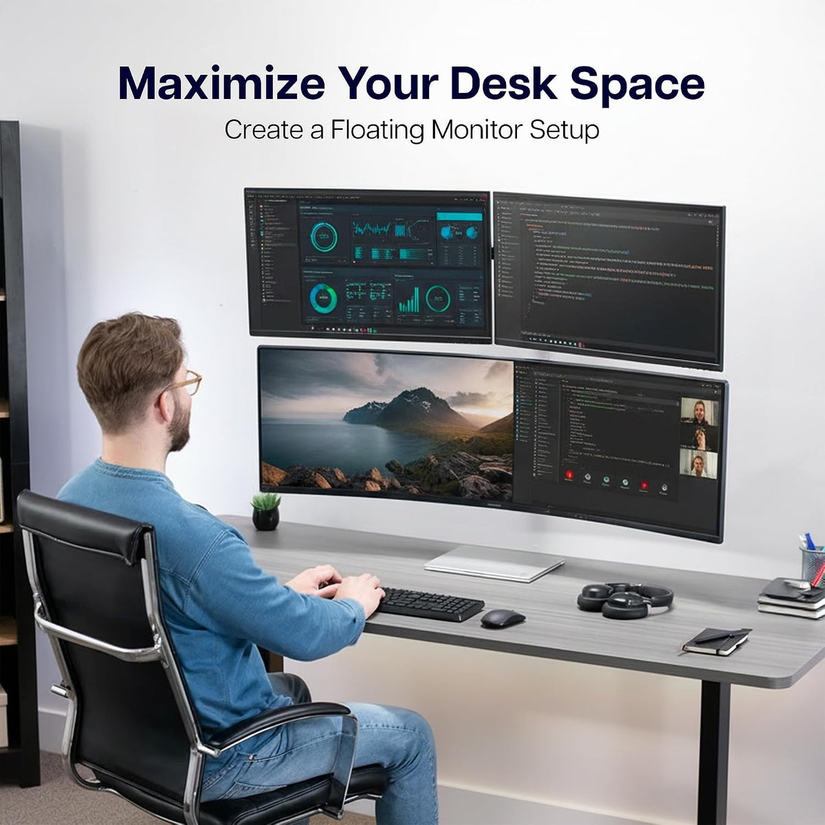 VIVO Telescoping Dual Monitor & Single Ultrawide Monitor Wall Mount, Articulating and Height Adjustable, Fits 2 Standard Screens & 1 Ultrawide Screen, Triple Mount Setup, Black, MOUNT-WM123B