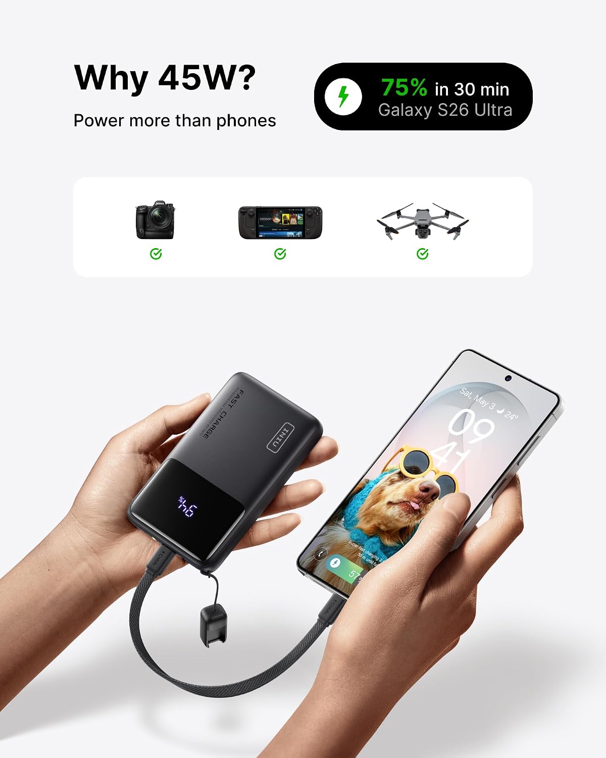 INIU Power Bank, Compact 10000mAh 45W PD Fast Charging Portable Charger | Detachable USB-C Cable, Stand, Flight-Safe, Travel, Flashlight, Battery Pack for iPhone 17 16, Samsung S26, iPad etc
