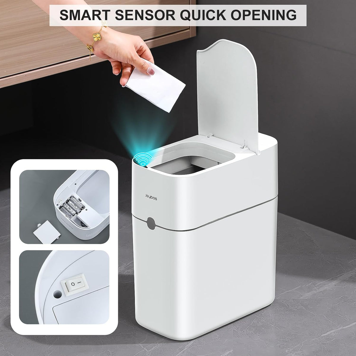 funest Bathroom Trash Can, Automatic Bagging Garbage Can, 3.5 Gallon Slim Smart Small Plastic Trash Bin, Narrow Motion Sensor Trash Can for Bedroom, Office White
