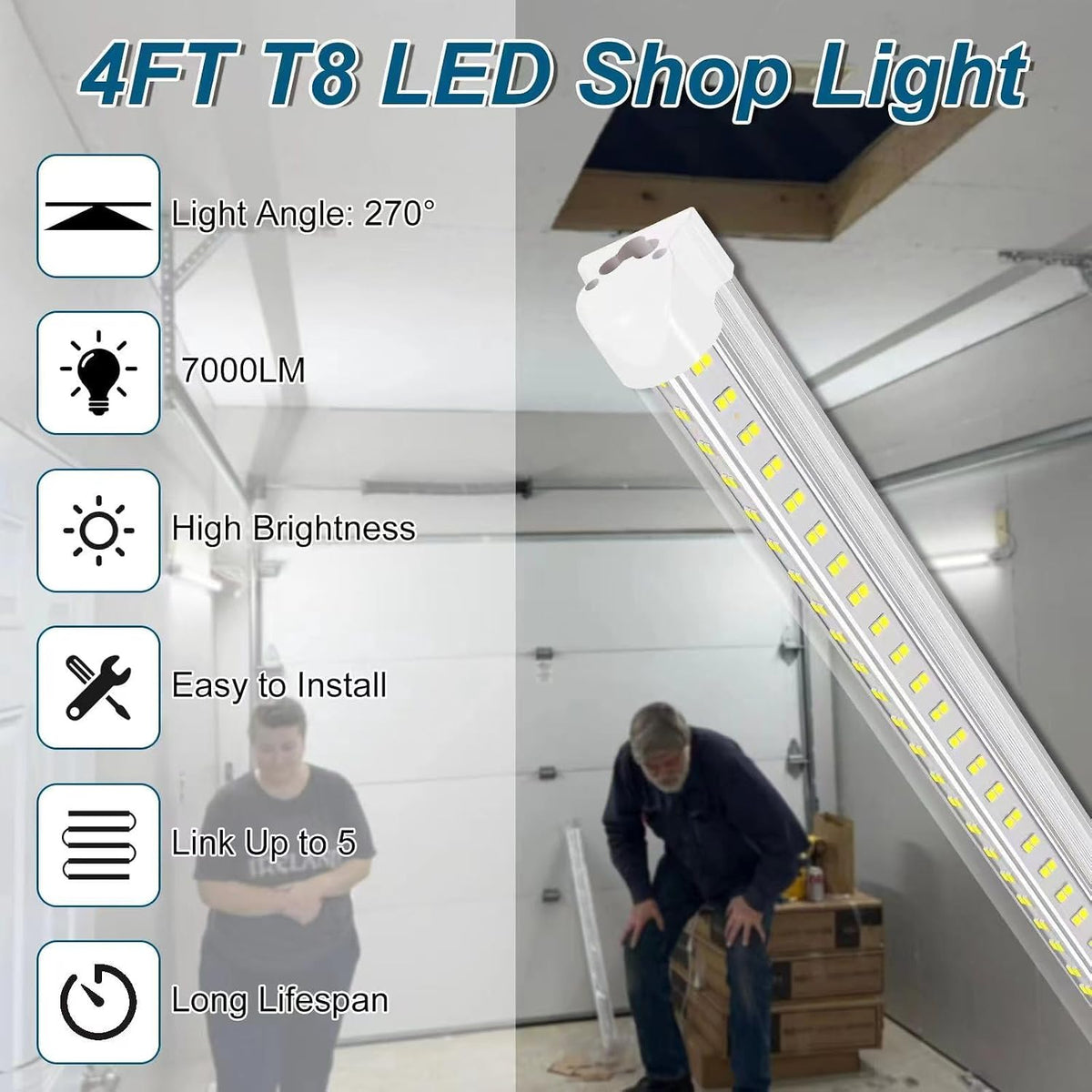 Led Shop Lights,Led Shop Lights 4FT 50W 6500K 7000LM Clear White,Shop Light 4FT 110V Linkable Integrated V-Shape for Shop Garage,Warehouse,Workbench and Workshop Commercial Bay Lighting(2-Pack)