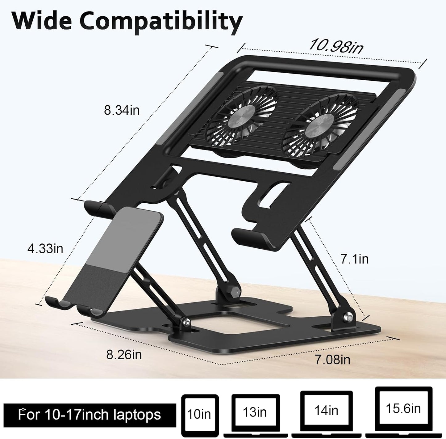 Laptop Cooling Stand with Detachable Fan,2-IN-1 Laptop Stand with Phone Holder and Silent Fans,Adjustable Height and Angle,Carbon Steel Framework,Laptop Cooling Pad for up to 16”Laptop (Black)