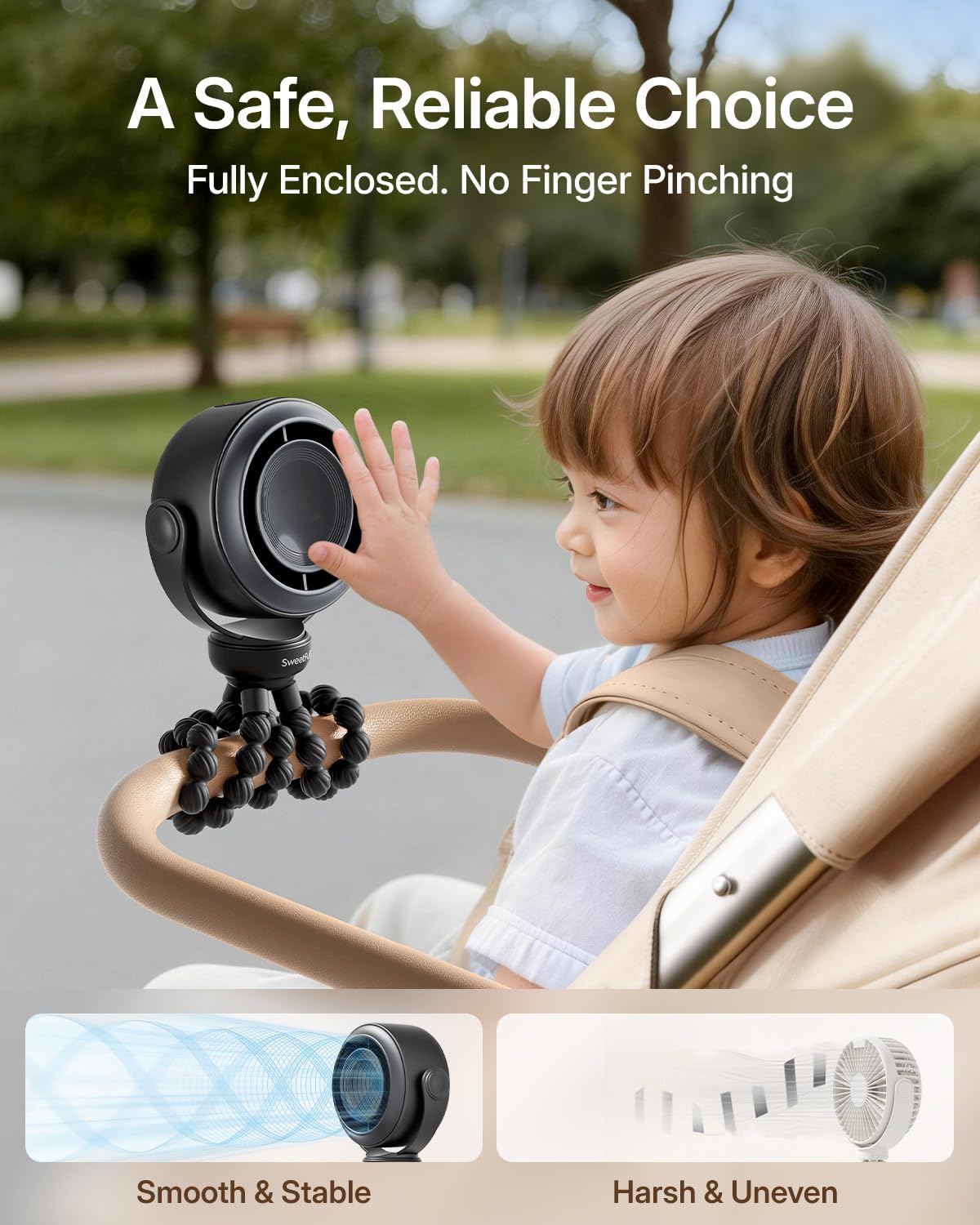 SWEETFULL Portable Stroller Fan, Pinch-Proof Baby Fan - Black | Wide Turbine Airflow; Safe Design; LED Display; 5-Speed; 30dB Quiet; USB-C Rechargeable; Mini Clip On Fan for Car Seat & Bed