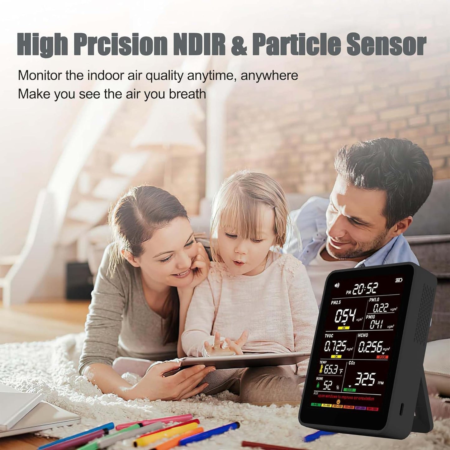 16-in-1 Indoor Air Quality Monitor, High-Precision Multi-Parameter Smart Air Quality Tester with HD Real-Time Color Screen, Portable Air Quality Monitor for Home, Office