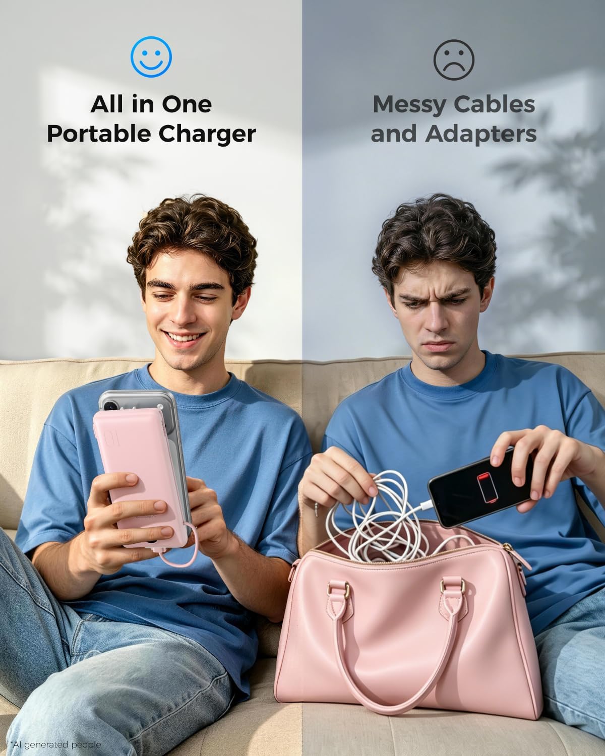 VEGER Portable Charger for iPhone, Power Bank Built in Cable and Wall Plug | 10000mAh Slim USB C Battery Pack, Travel Essentials for Camping Cruise Business Trip, Compatible with Smart Devices, Pink