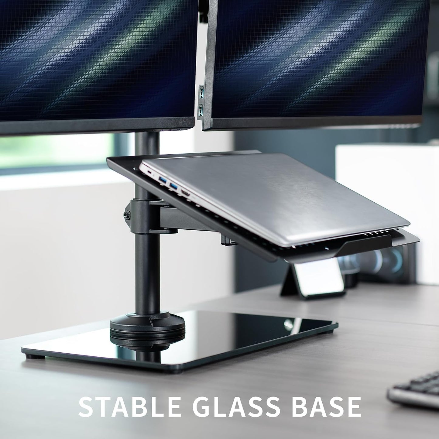VIVO Freestanding Dual Computer Monitor and Laptop Combo Desk Stand with Glass Base, Fits up to 32 inch Monitors and 17 inch Laptops, Black, STAND-V003FGL