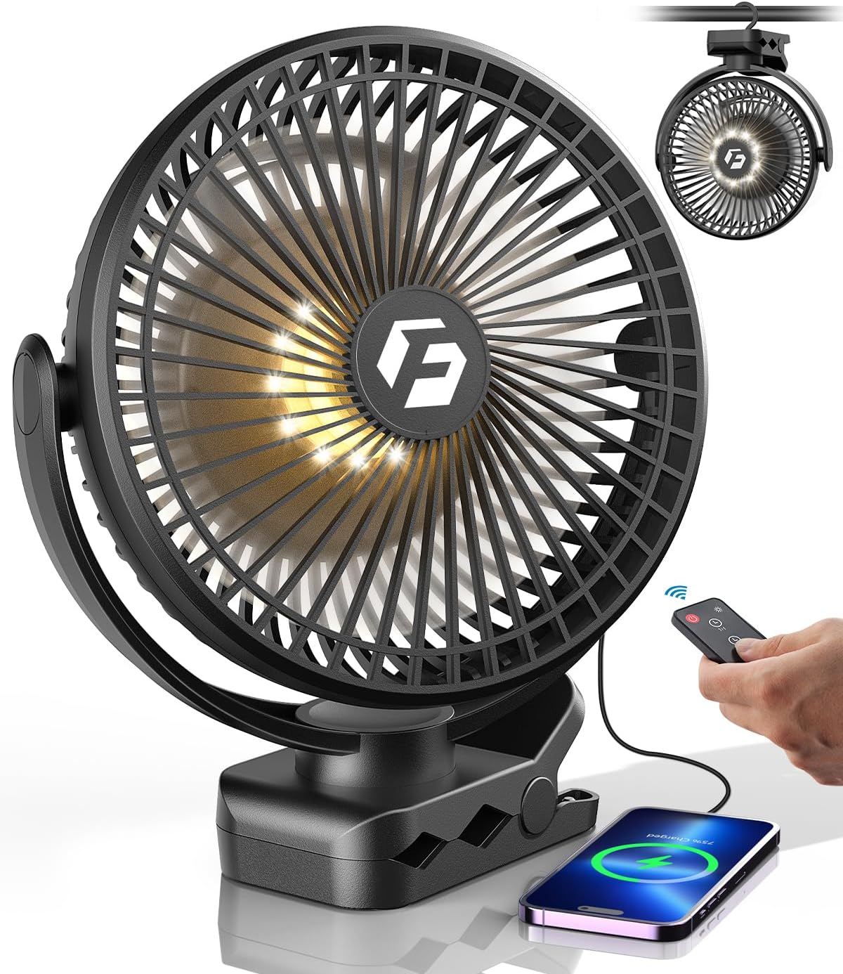 40000mAh Clip on Fan for Golf Cart, Up to 127Hrs Portable Rechargeable Fans | 8-inch Desk Fan with 3 Speeds, 9 LEDs, Timers, Hook, Battery Operated Fan for Office,Desk,Camping,Treadmill,Tent, Dark Blue