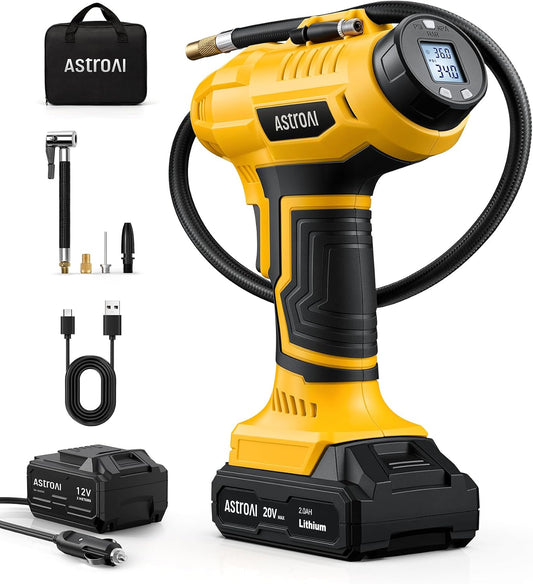 AstroAI Cordless Tire Inflator Portable Air Compressor 160PSI 12VDC Battery | Dual Power Supply Auto Shut-Off Digital Pressure Gauge Fast Inflation Air Pump for Cars Motorcycles Bikes Ball Gift Yellow