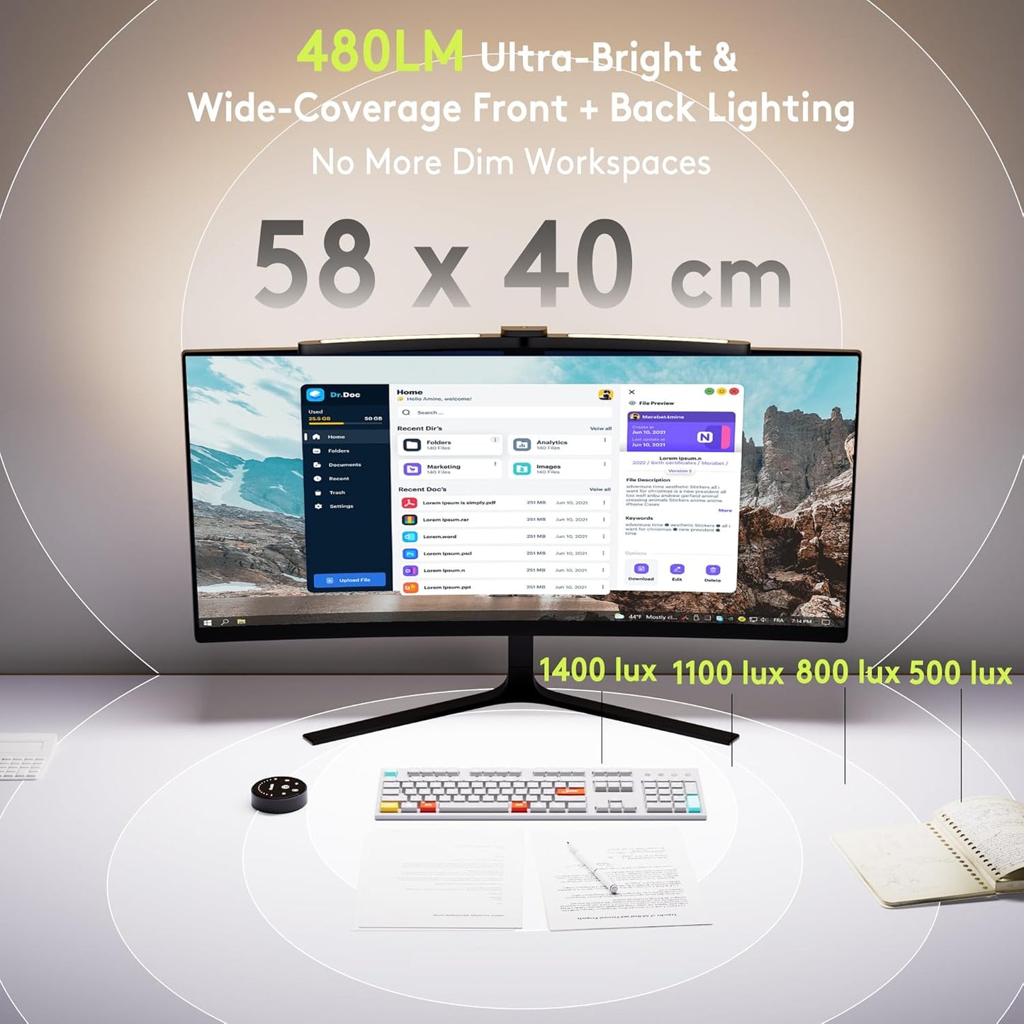 Quntis Curved Monitor Light Bar with Soft Backlight, Dual Curve-Matching Pivoting Arms for 1000R–3000R 34" Ultrawide Screens, 1400 Lux CRI 98 Eye Care Desk Light, Auto-Dimming & Remote for Home Office