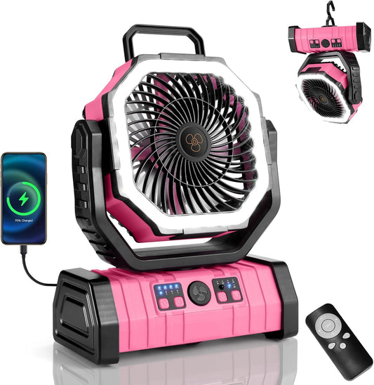 Odoland 30000mAh Camping Fan with LED Lantern, Rechargeable Battery Fan | Operated Oscillating Fan with Remote & Hook, Portable Tent Fan with Timer, 4 Speeds for Outdoor Camp RV Power Outage, Pink