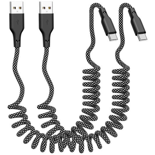 Coiled Carplay Car Charger Fast Charging, USB A to USB C Cable 2 Pack | Type C Charger Cord for iPhone 17/17 Air/16/15/Plus/Pro Max/Samsung/Android, Retractable Braided Nylon, 3ft, Grey