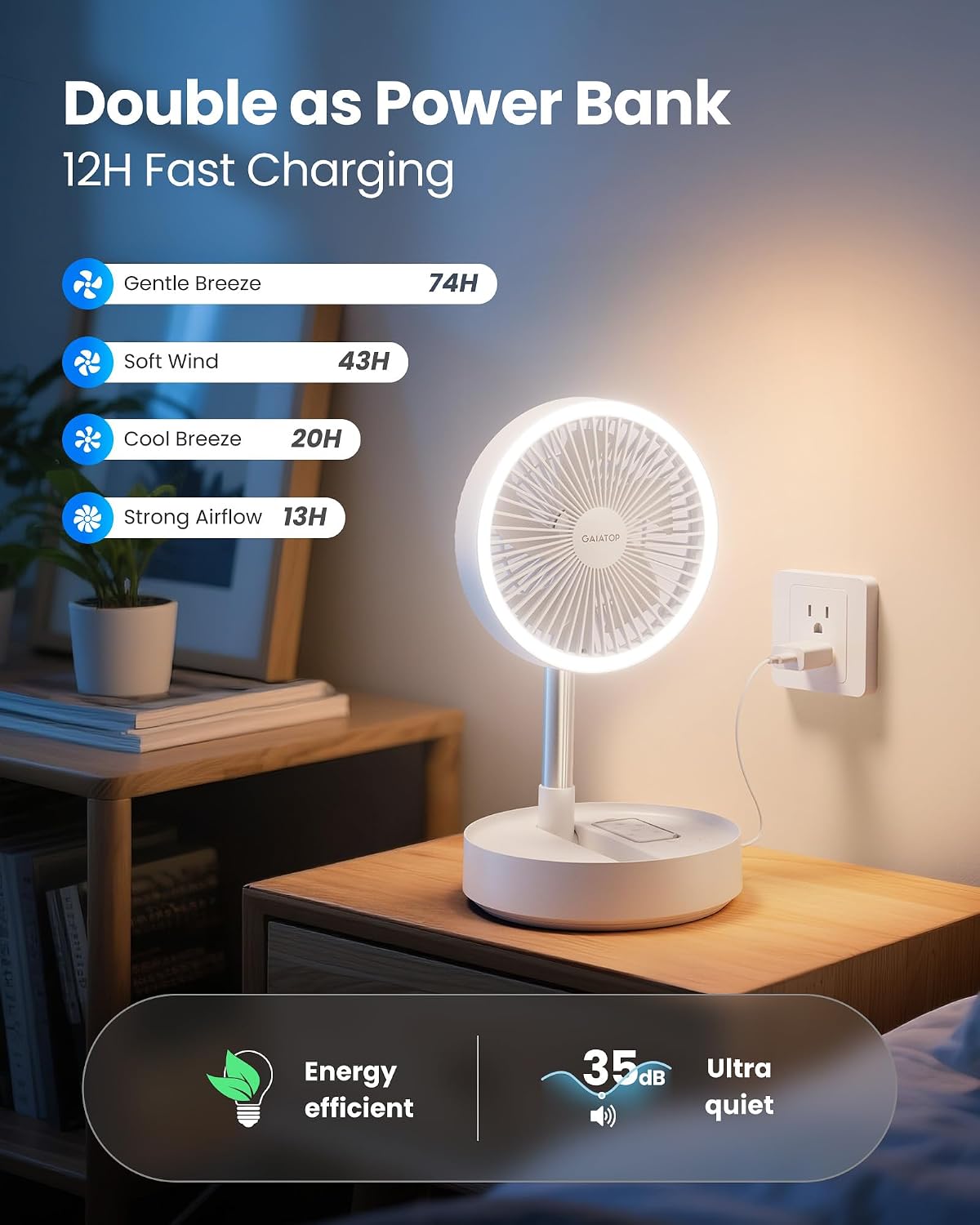 Gaiatop Portable Pedestal Fan 16000mAh Battery [Max 74h Runtime], Foldable Oscillating Standing Fan, Collapsible Desk Fans, LED Light, Case & Remote Control 4 Speeds for Outdoor Travel Camping (White)