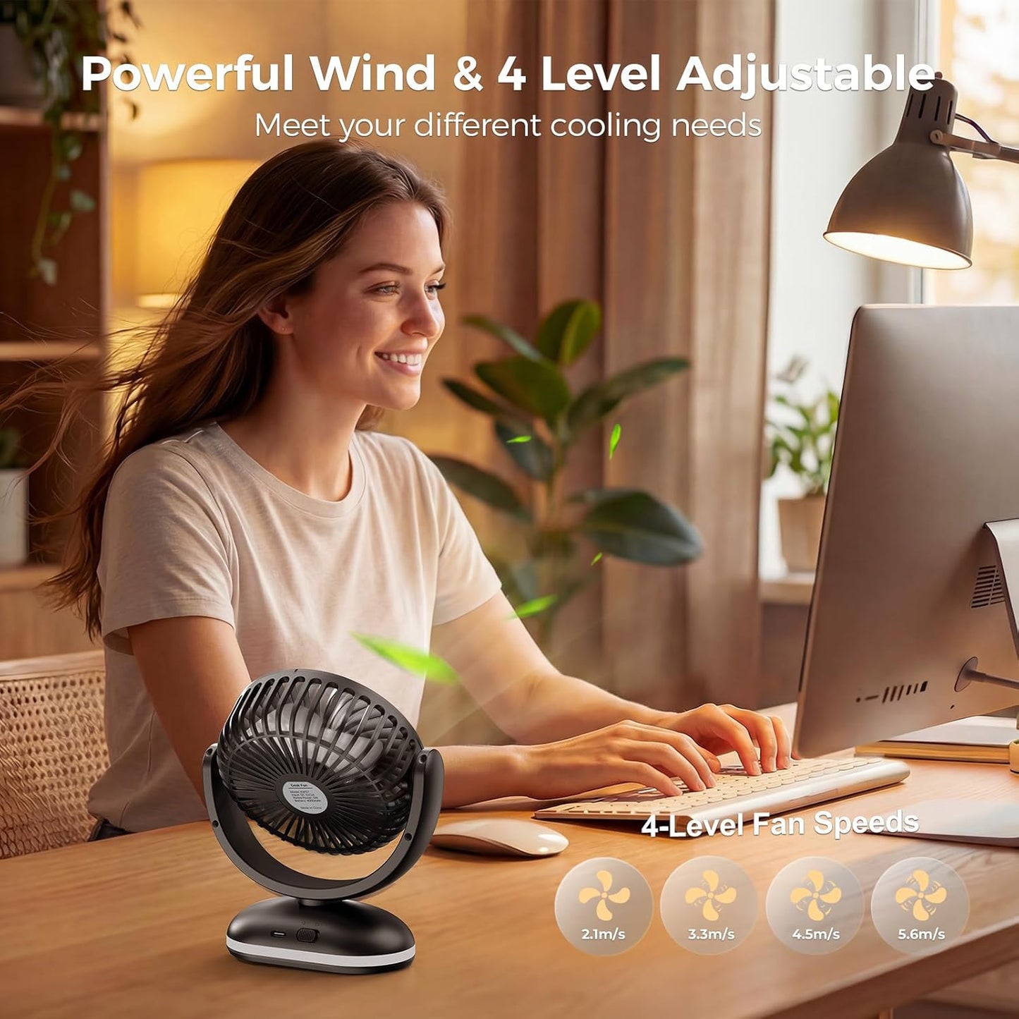 TriPole Portable Desk Fan Small Quiet, Rechargeable Mini Fan with LED Light | 31H Runtime, Digital Display, Safety Lock, 4 Speeds, Battery Operated Fan for Bedroom Sleeping Office Travel Camping Cruise