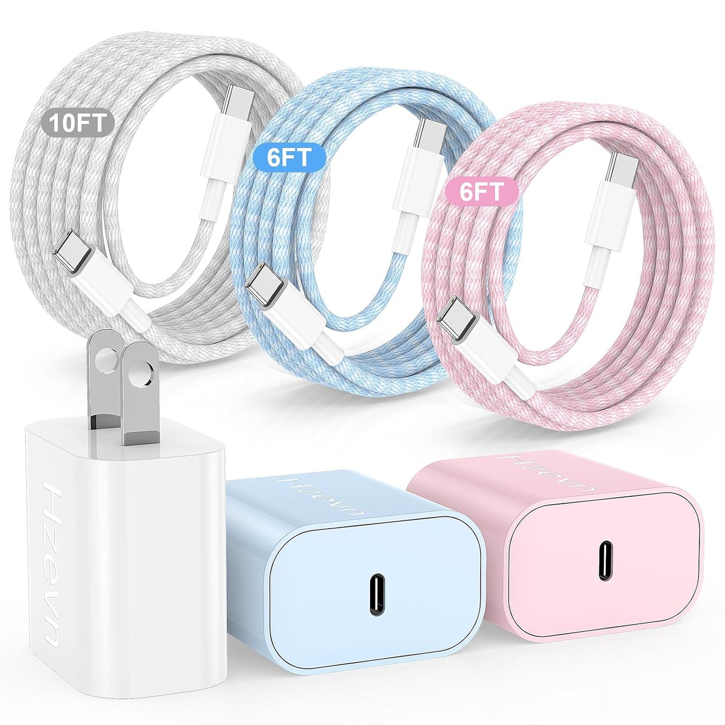 20W USB C Fast Charging for iPhone 17 Air/16/15 Pro Max,3Pack Colorful Mixed Charger Block with Braided Long USB C to C Cables (6/6/10ft) Compatible with iPhone16/15 Pro/15 Plus/iPad Pro