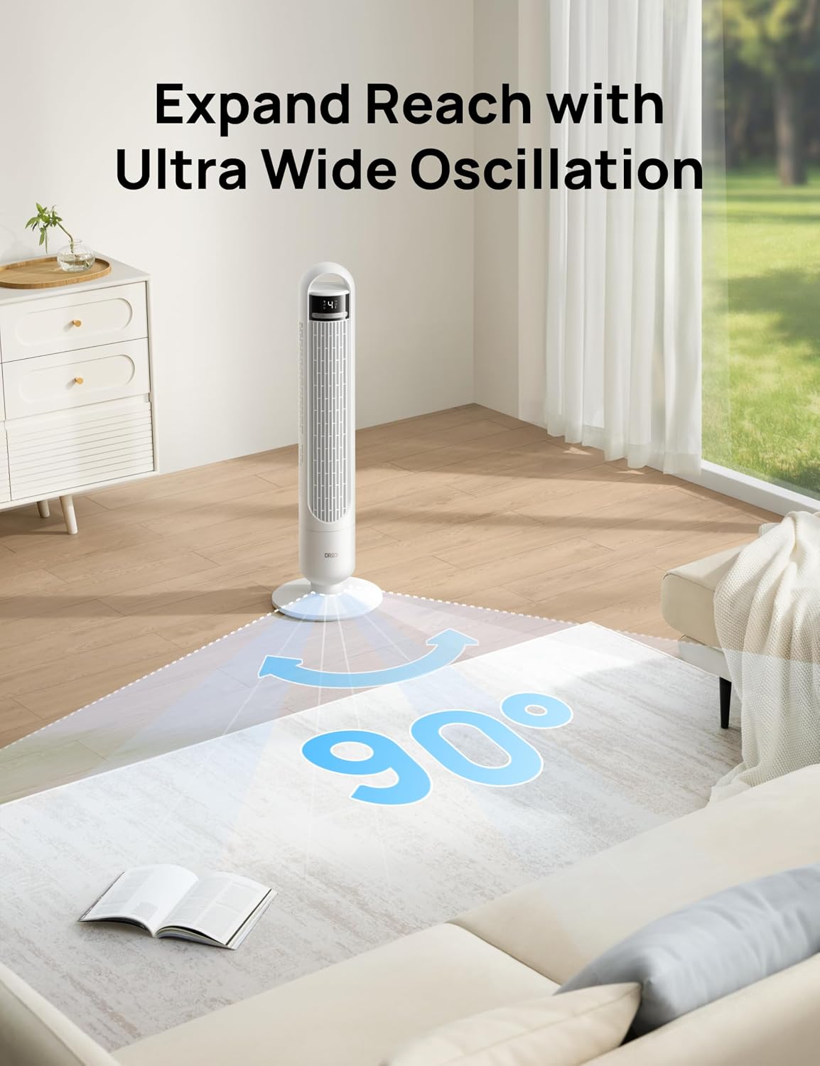 DREO Tower Fan for Bedroom, 26ft/s Velocity, 90° Oscillating, 8H Timer | 4 Speeds, 3 Modes, 28dB Quiet Standing Fan, Floor Fan for Room, Living Room, Office, Home, Cooling Fan with Remote, White
