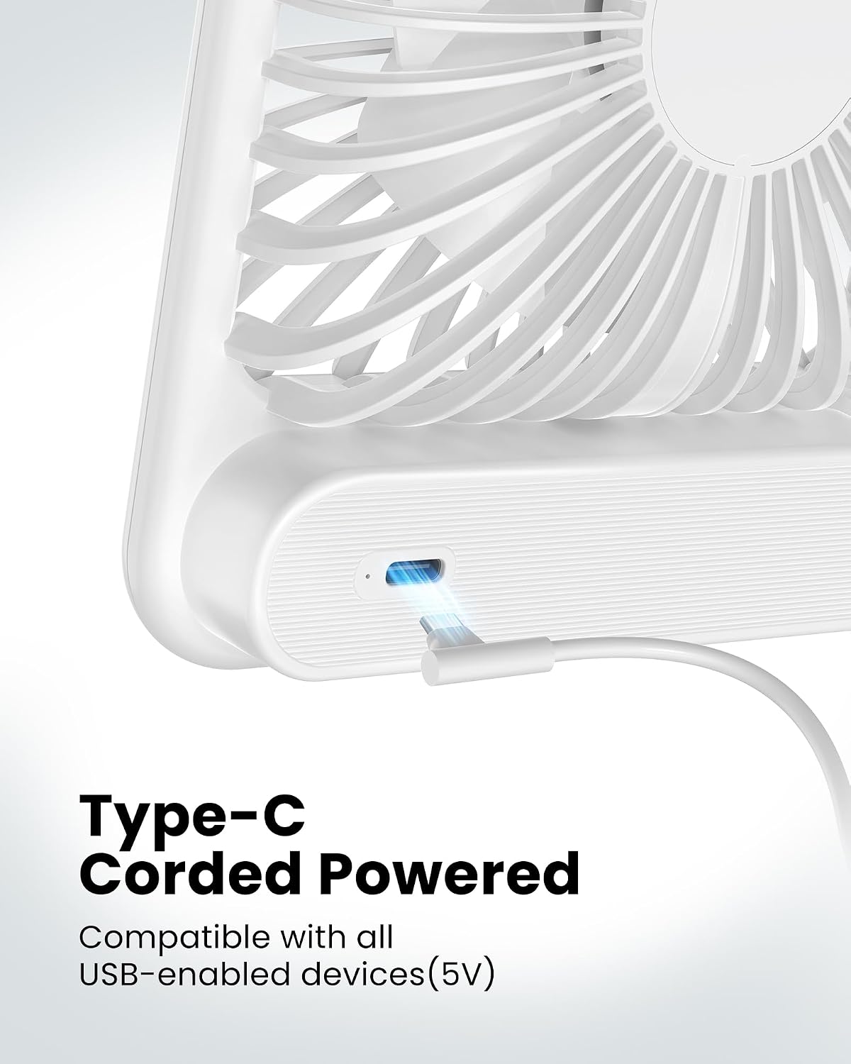 Koonie USB Desk Fan, Strong Wind Ultra Quiet Small Mini Fan | 180° Tilt Folding & 3 Speeds Adjustable, USB-C Corded Powered Personal Fan for Office Desktop Bedroom, White, NO BATTERY