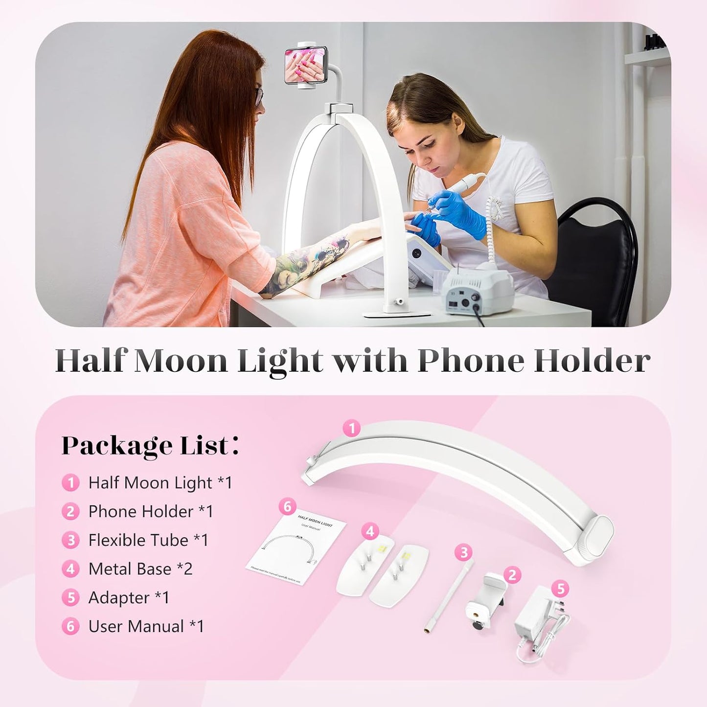 Yokilly Half Moon Light for Nail Desk: 29" Foldable Nail Light for Desk | Arch Nail Tech Light with Phone Holder for Beginner - 3 Color Modes & 10 Brightness for Manicure Salon-White