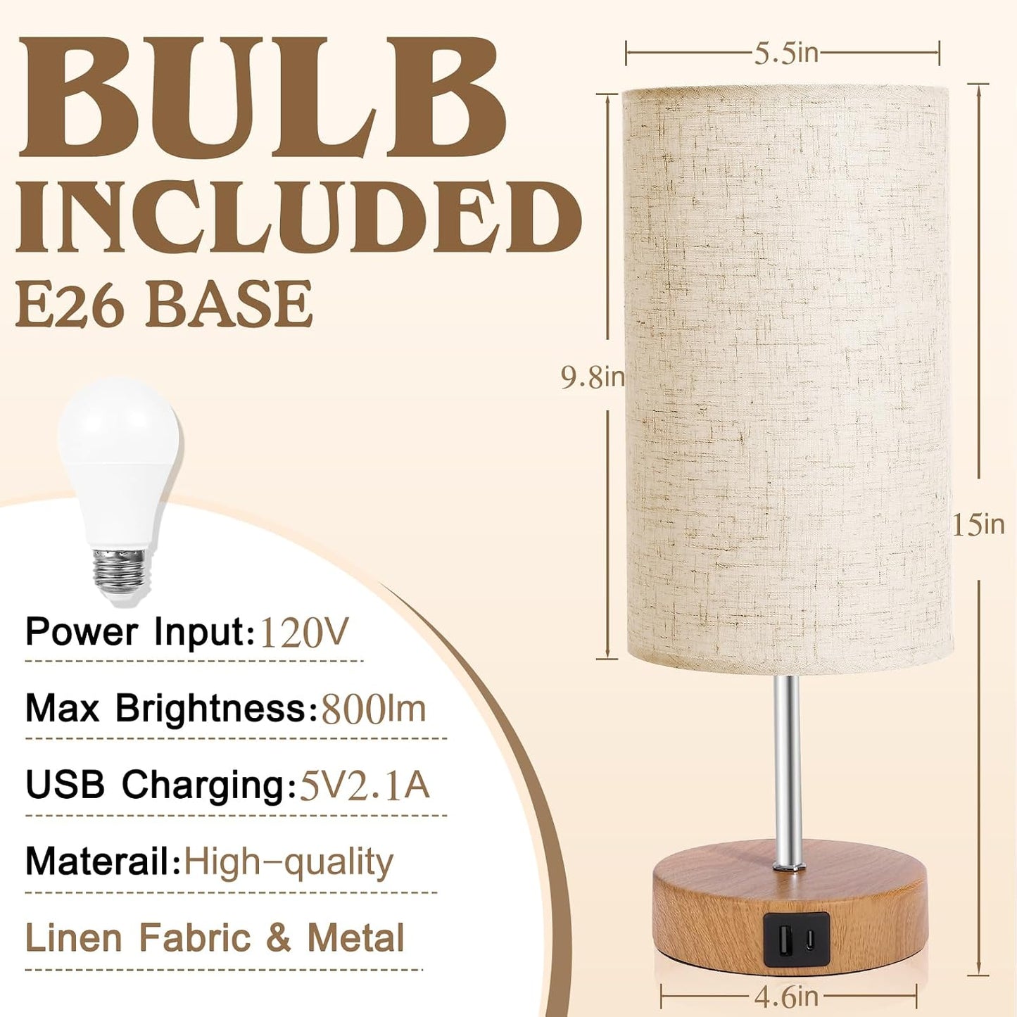 UNIFUN Nightstand Lamp, Touch Dimmable with USB-C Charging & Bulb | Includes E26 LED bulb，4 Brightness Levels，USB-A and Type-C ports，Natural wood base paired with a soft linen fabric shade
