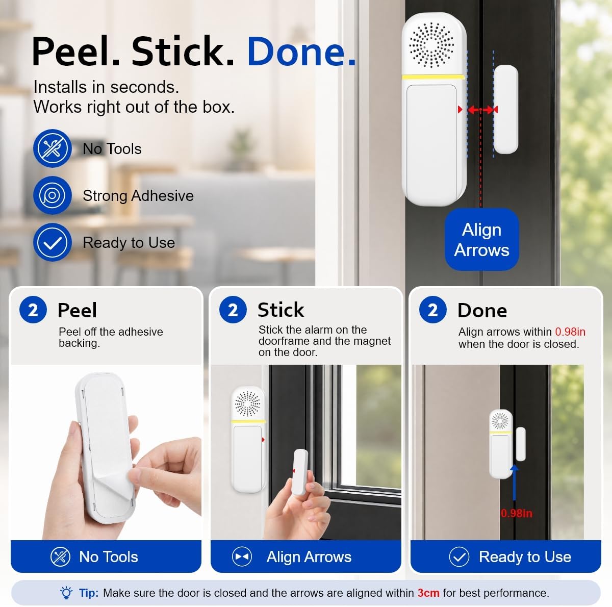 SanJie Door Left Open Alarm&Door Chime,Instant/30s/1min/2min Delay,1 Sensor | Door Alarms for Dementia/Kids Safety, Door Left Open Alarm for Business, Home, Fridge, Pool, Garage, 0-110dB, 27 Chimes