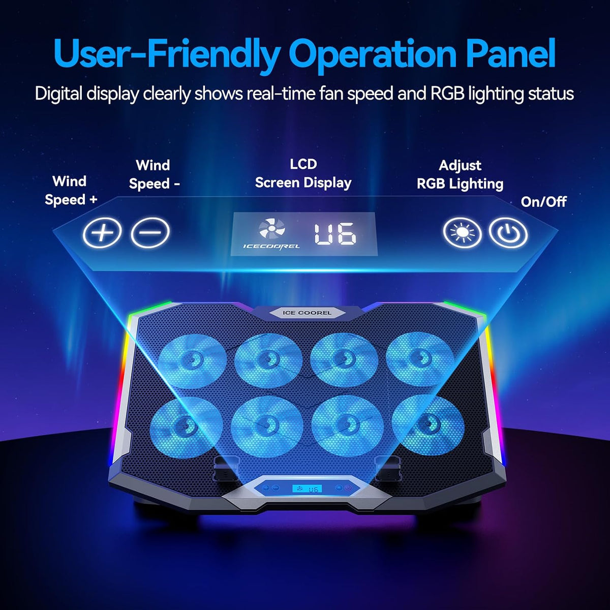 Gaming Laptop Cooling Pad with 8 Cooling Fans, Laptop Fan Cooler Pad for 15-17.3 Inch, Notebook Cooler Stand with 6 Height Adjustable, RGB Cooling Pad with Two USB Port + Phone Stand