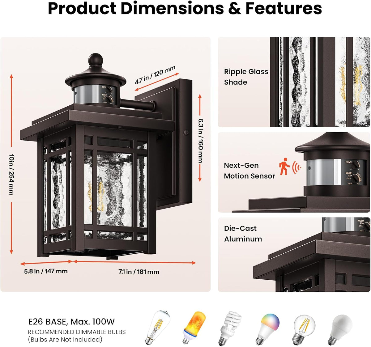 Gleamz Outdoor House Lights Wall Mount, Aluminum Motion Sensor Porch Lights Outdoor Garage Lighting, Oil Rubbed Bronze Exterior Lighting Fixtures Dusk to Dawn, Waterproof Farmhouse Exterior Light, E26