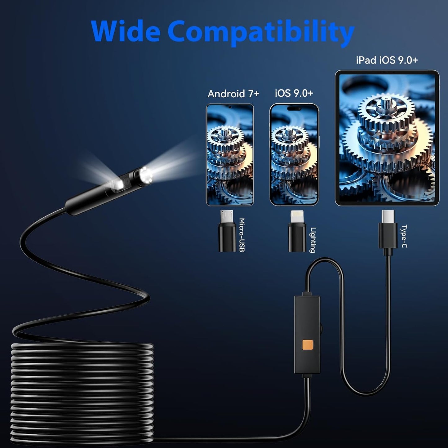 Endoscope Camera with Light, Dual-Lens 1920P HD Borescope Tools with 8+1 Adjustable LED Lights, 16.4FT Semi-Rigid Snake Cord IP67 Waterproof Inspection Camera for iPhone, iPad, iOS and Android Phone