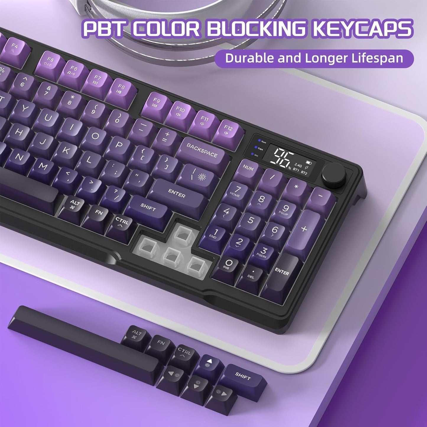 Free wolf M96 Wireless Gaming Keyboard Creamy Membrane 94Key ANSI-Purple | Rainbow Backlight,Media Knob,LCD Screen,Dual Mode-Bluetooth/2.4Ghz,Ball Shape PBT Keycap,3000mAh battery for Win Mac PC Gamer